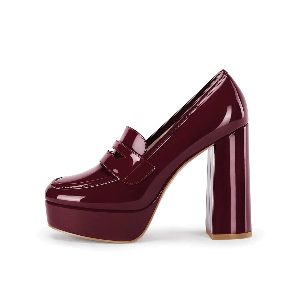 Coutgo Womens Burgundy Patent Platform Penny Loafers Chunky Block Heel Size 6